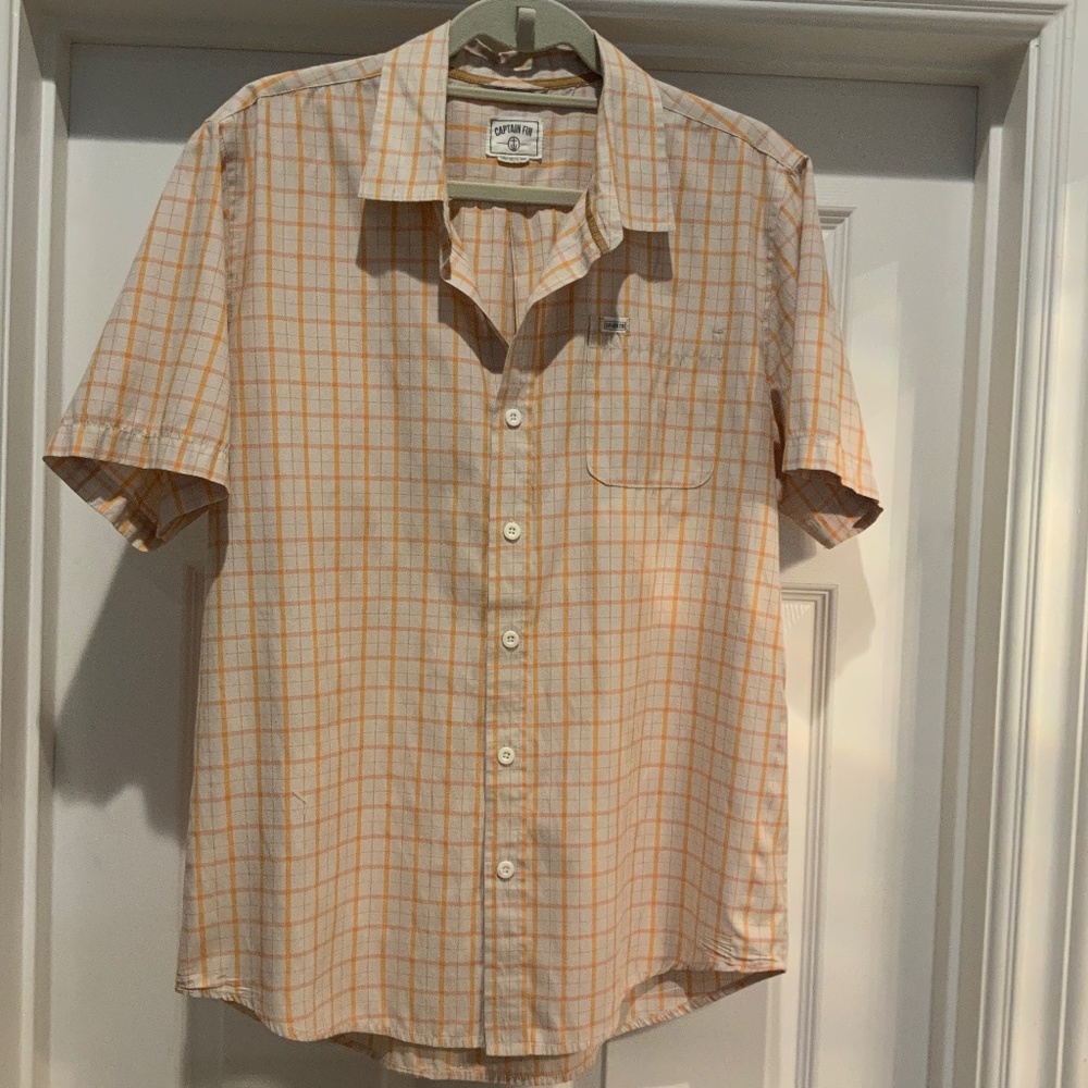 CAPTAIN FIN SUMMER PLAID BUTTON FRONT CASUAL COMFORT SHIRT, CREAM ORANGE, SIZE L